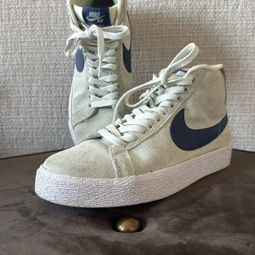 Nike Women's High-Top Suede Sneakers in Green with Blue Swoosh